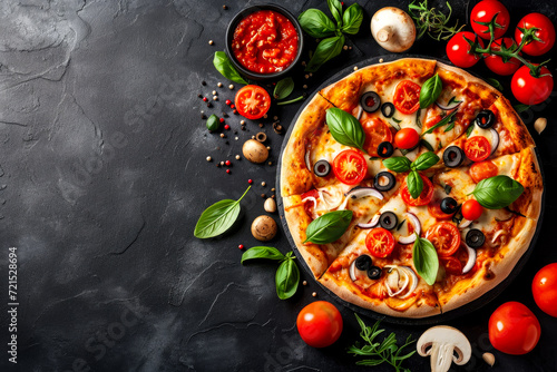 Italian pizza with mozzarella, tomatoes, olives and basil. ingredients for making pizza