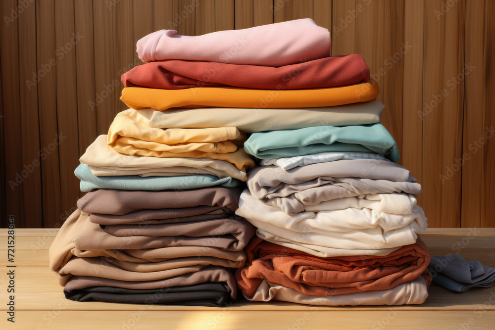 A neatly folded stack of laundry exudes tidiness and cleanliness, capturing the essence of a well-maintained living space. Generative Ai. A neatly folded stack of laundry exudes tidiness and cleanliness, capturing the essence of a well-maintained living space. Generative Ai.