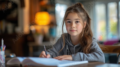 A 12-year-old girl sits at the table and does her homework