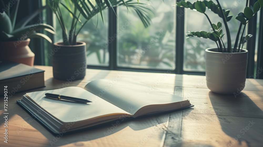 Fototapeta premium Open notebook with a pen lying on a wooden table by the window, cinematic moody light