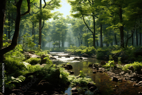 A lush  green forest with sunlight filtering through the leaves  setting the stage for nature-inspired text and environmental themes. Generative Ai.