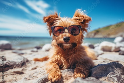 dog on the beach Cute puppy in sunglasses looking outdoors playful © Kristina