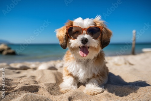 dog on the beach Cute puppy in sunglasses looking outdoors playful