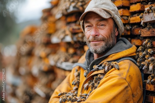 A rugged man dons a yellow jacket and braves the city streets, his face adorned with a swarm of buzzing bees as he exudes a sense of wildness and natural harmony