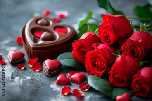 Heart-shaped chocolate and red roses bouquet traditional valentine's day gift