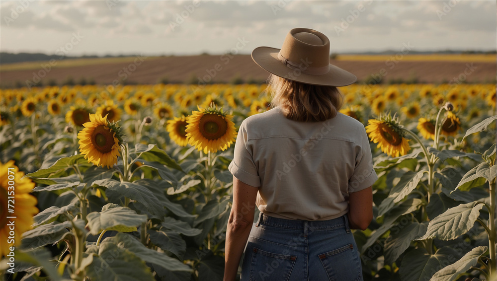 Female farmer looking at an endless field of sunflowers. - obrazy, fototapety, plakaty 