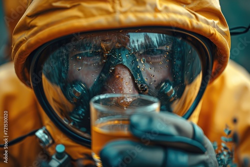 An individual clad in a pressure suit and gas mask stands outdoors, gripping a glass of liquid as a symbol of protection and isolation in a dangerous world photo