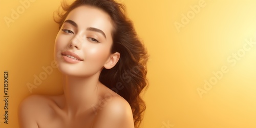Skin and hair model, beauty woman, light yellow background, beautiful eyes, look, snile photo