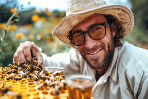 A fashionable man in a sun hat and glasses admires the beauty of nature as he carefully tends to his beloved bees among the vibrant yellow flowers photo