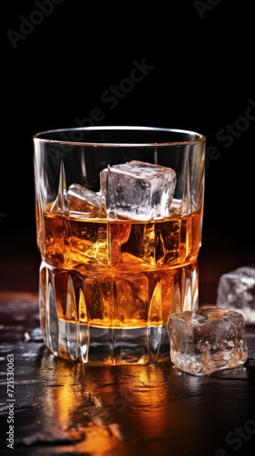 Whiskey with ice glass on a bar counter. Alcohol drink in restaurant. Dark background. Vertical shot. AI Generated 