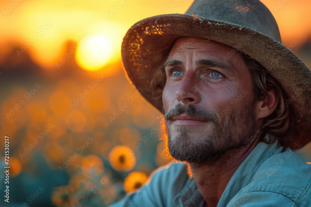 A rugged cowboy gazes off into the distance, his sun hat shielding his weathered face as his bushy beard and moustache add to his stoic aura A rugged cowboy gazes off into the distance, his sun hat shielding his weathered face as his bushy beard and moustache add to his stoic aura