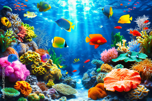 Vibrant Coral Reef Underwater Scene, Tropical Ocean Life, Colorful Marine Ecosystem