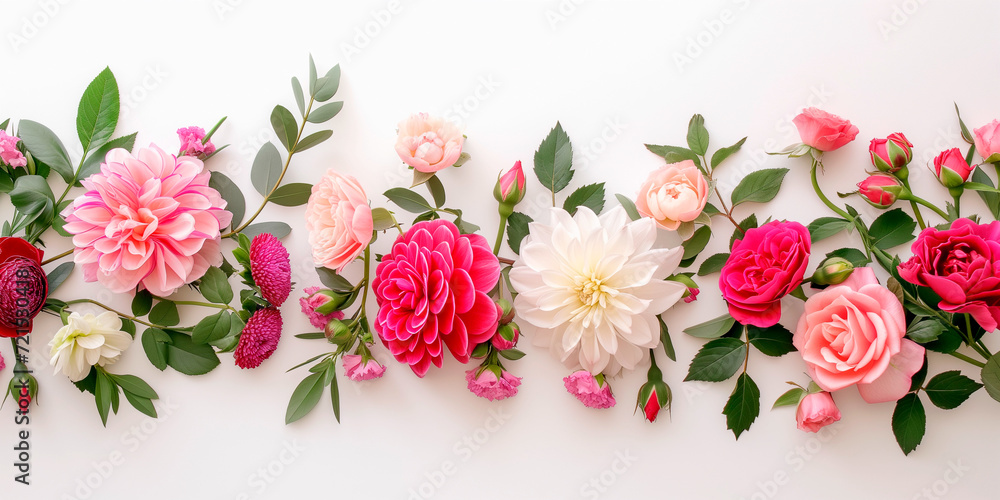 Festive flower composition for Valentine's day or Mother's day banner  , floral arrangement on white background