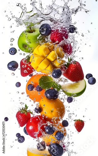 Fruit and berries in water splash  isolated on white background