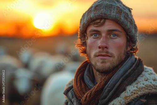 A rugged man with a hat and scarf stands tall against the breathtaking sunset, his stoic expression and warm clothing hinting at a life filled with adventure and resilience
