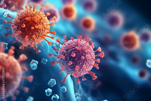 corona virus 2019-ncov flu outbreak, covid-19 3d banner illustration, microscopic view of floating influenza virus cells