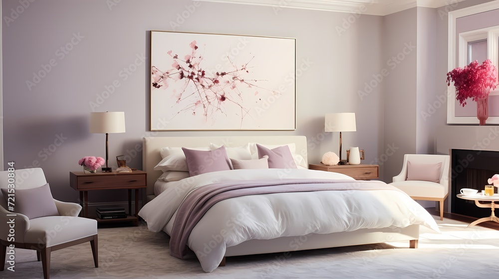 A serene bedroom adorned with a minimalist, dove-gray bedspread against a backdrop of soft, blush-pink walls and accents of rich plum, emanating understated elegance.