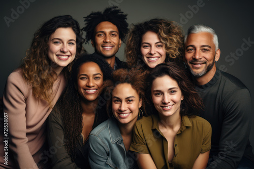 A group of diverse friends poses with genuine smiles, each person showcasing their unique personalities, against a neutral background that highlights their camaraderie. Generative Ai.