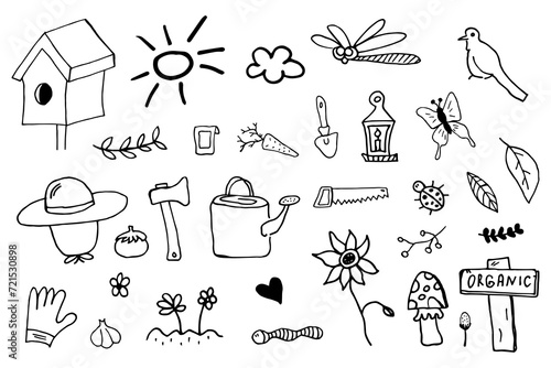 Vector set with hand-drawn isolated doodles on the theme of the garden, garden tools, agriculture