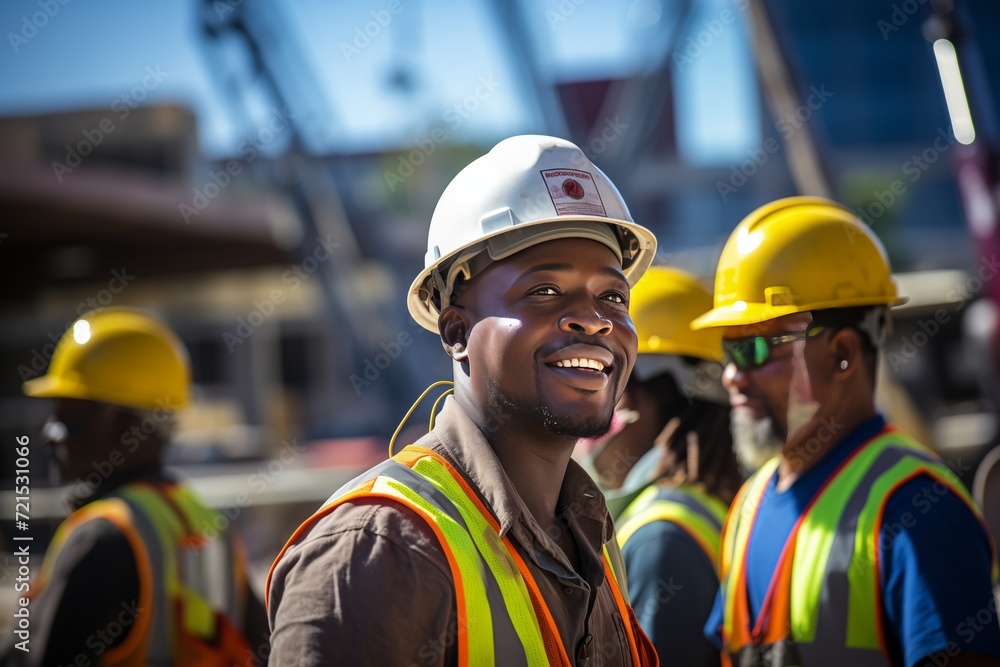 Smiling professional heavy industry black worker in a protective uniform and hard hat. Dispersed large industrial plant. Smiling professional heavy industry black worker in a protective uniform and hard hat. Dispersed large industrial plant.