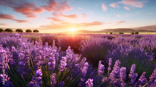 Violet lavender flowers blooming at golden hour sunset. AI Generated 