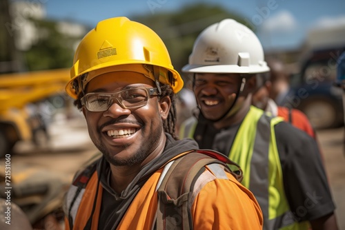 Smiling professional heavy industry black worker in a protective uniform and hard hat. Dispersed large industrial plant.
