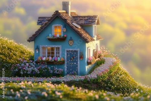 A quaint cottage house perched on a hill, adorned with Easter decorations. The exterior is a soft pastel blue, with window boxes full of spring flowers photo