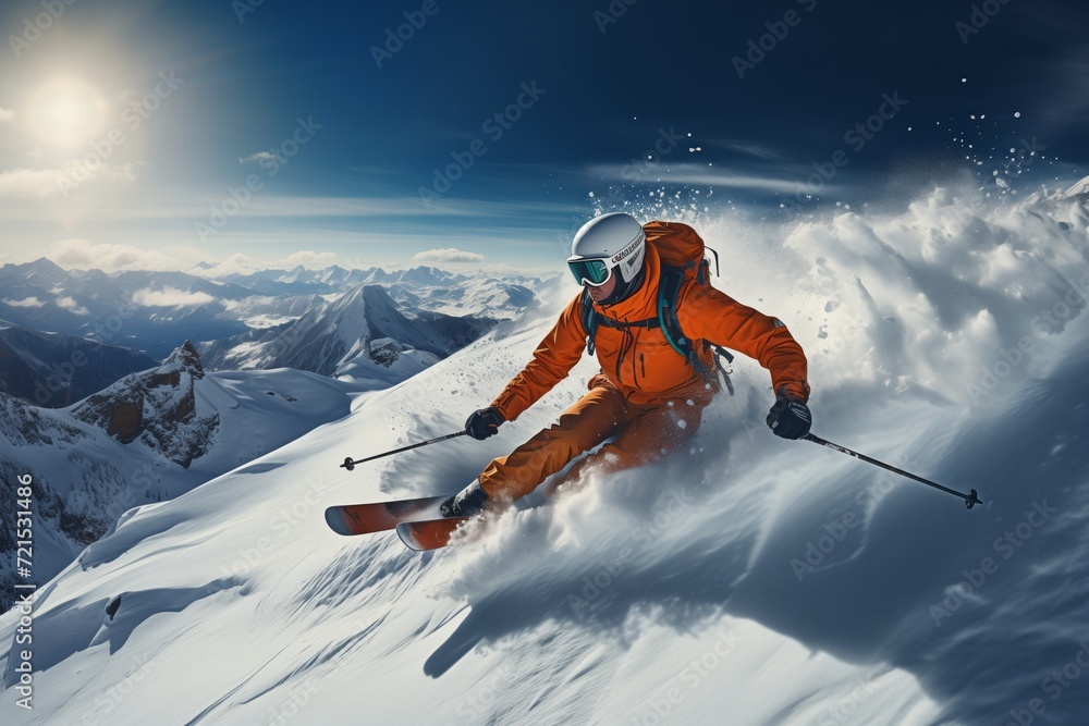 a skier in a bright suit and outfit with long pigtails on her head rides on the track with swirls of fresh snow. Active winter holidays, skiing downhill in sunny day.