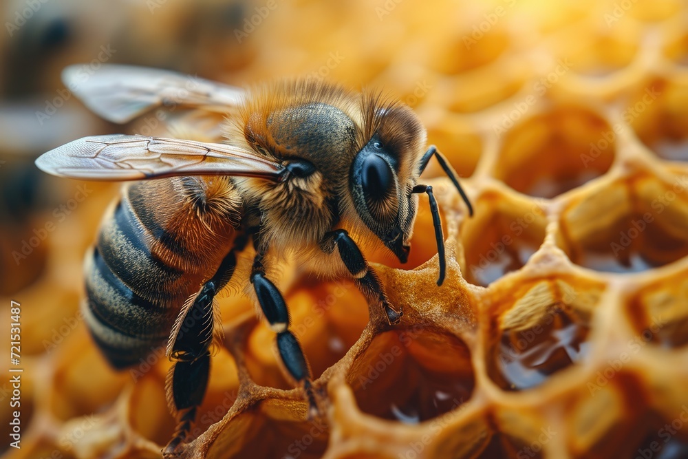 A membranewinged insect pollinating a honeycomb, surrounded by its fellow honeybees in the macro world of the apiary, as it battles against pests and other arthropods to protect its precious honey A membranewinged insect pollinating a honeycomb, surrounded by its fellow honeybees in the macro world of the apiary, as it battles against pests and other arthropods to protect its precious honey