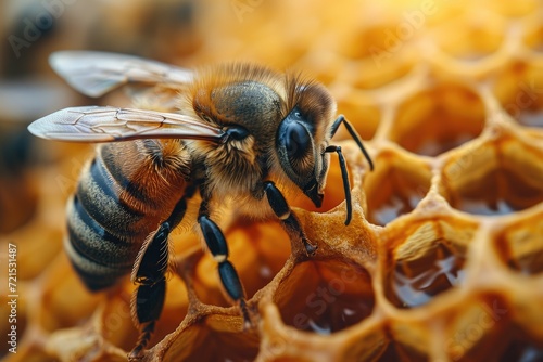 A membranewinged insect pollinating a honeycomb, surrounded by its fellow honeybees in the macro world of the apiary, as it battles against pests and other arthropods to protect its precious honey © Larisa AI