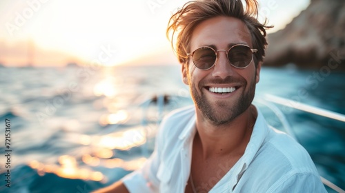 A young handsome man sails on a luxury yacht in the ocean photo