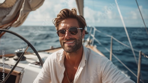 A young handsome man sails on a luxury yacht in the ocean