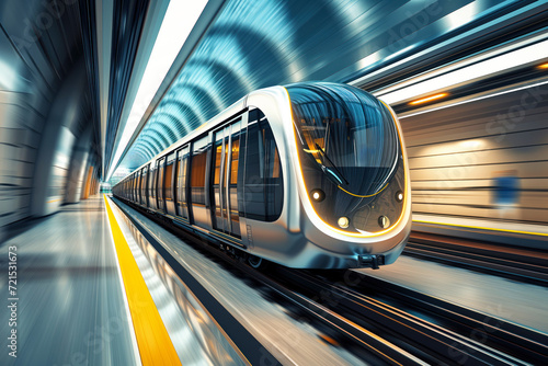 Sleek urban high speed electric passenger train drives motion in subway Generative AI