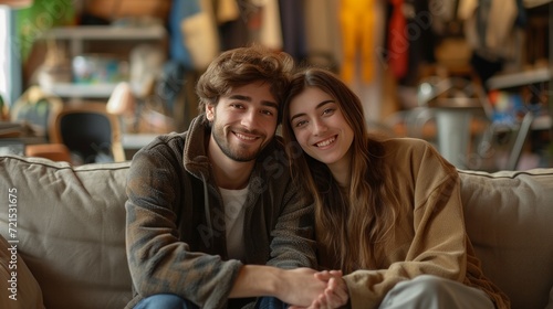 a young couple buys a used sofa in a used goods store.