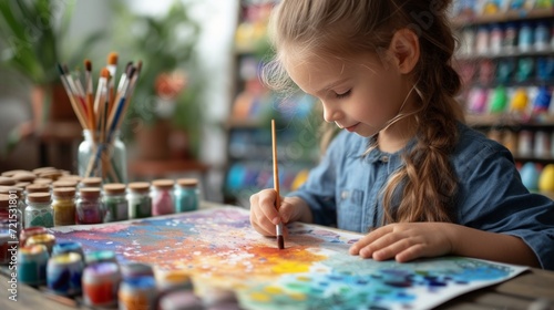 a young artist paints a picture with a cute Easter bunny using watercolor paints