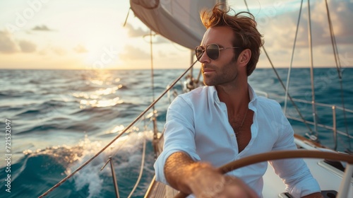 A young handsome man sails on a luxury yacht in the ocean
