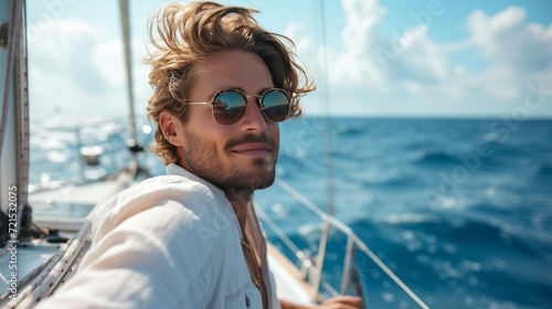 A young handsome man sails on a luxury yacht in the ocean