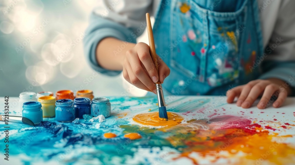 a young artist paints a picture with a cute Easter bunny using watercolor paints a young artist paints a picture with a cute Easter bunny using watercolor paints