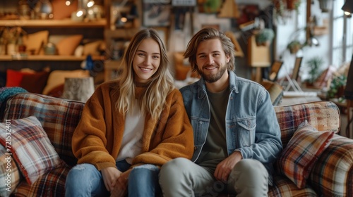 a young couple buys a used sofa in a used goods store.