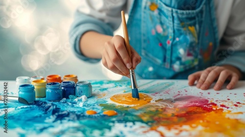 a young artist paints a picture with a cute Easter bunny using watercolor paints