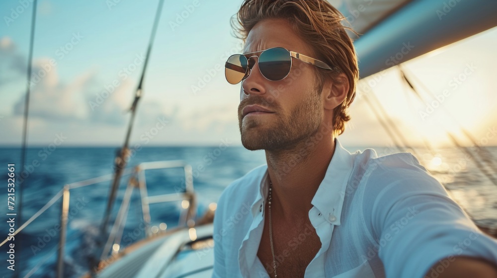 A young handsome man sails on a luxury yacht in the ocean - obrazy, fototapety, plakaty 