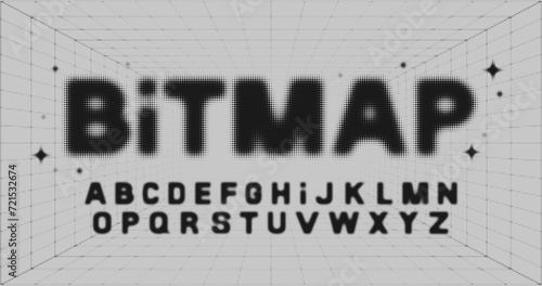 Halftone bitmap font. Blurred alphabet with dots. Vector