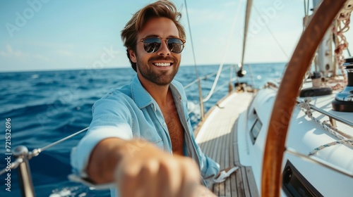 A young handsome man sails on a luxury yacht in the ocean