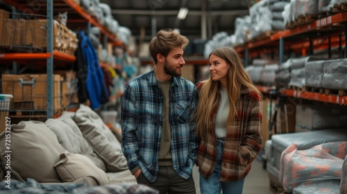 a young couple buys a used sofa in a used goods store.