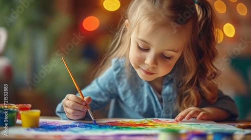 a young artist paints a picture with a cute Easter bunny using watercolor paints