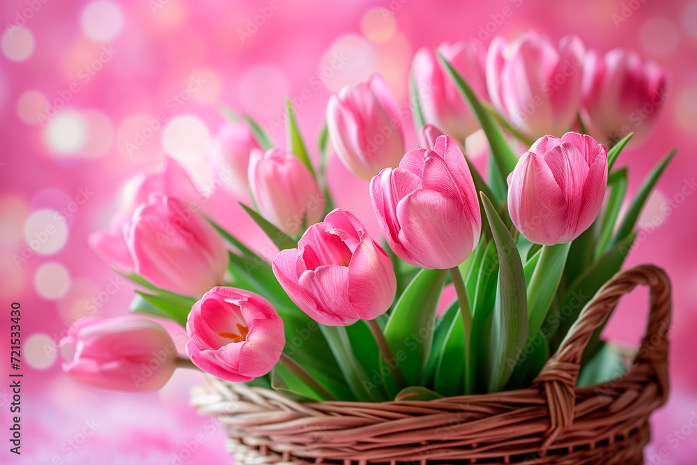 Fototapeta premium Basket of pink tulip flowers on a pink background