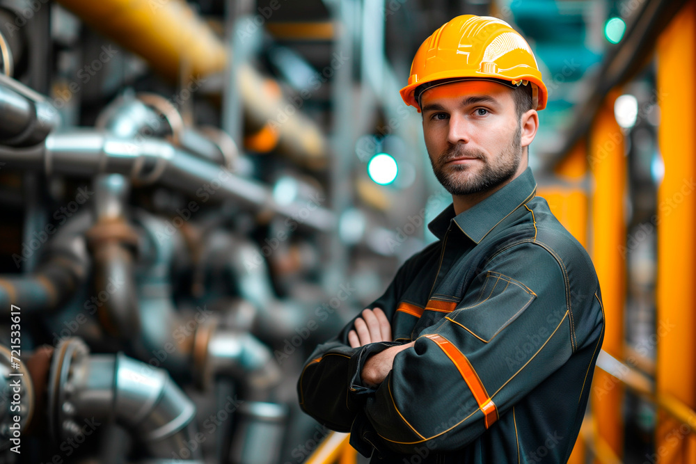 Maintenance engineer man wearing safety hard hat and uniform on factory station Maintenance engineer man wearing safety hard hat and uniform on factory station
