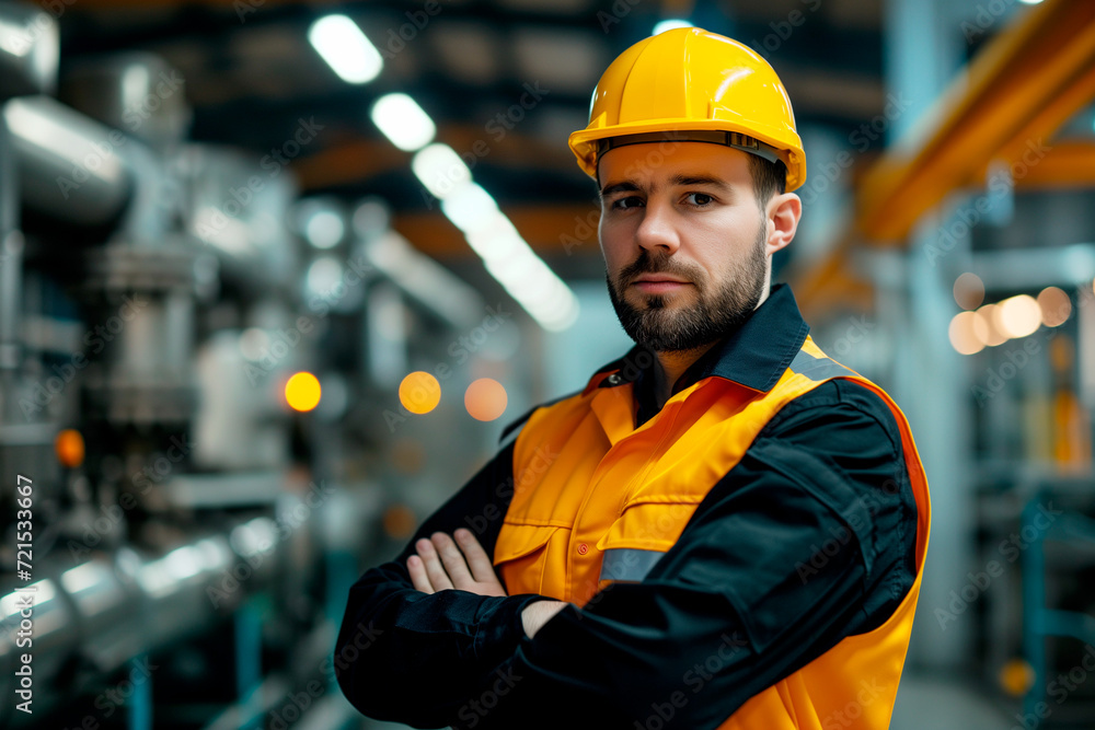 Maintenance engineer man wearing safety hard hat and uniform on factory station Maintenance engineer man wearing safety hard hat and uniform on factory station