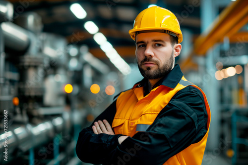 Maintenance engineer man wearing safety hard hat and uniform on factory station