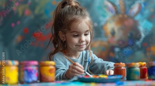 a young artist paints a picture with a cute Easter bunny using watercolor paints